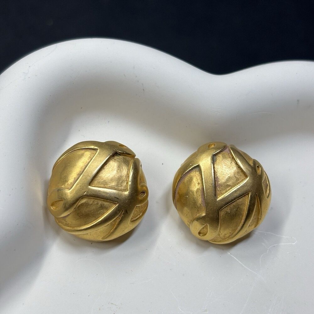 Vintage KARL LAGERFELD Logo Dome Earrings Clip On Ornate Matte Gold RARE FIND